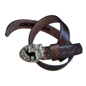 Nocona Belt Co Engraved Leather Western Belt with Deer Buckle Size 42